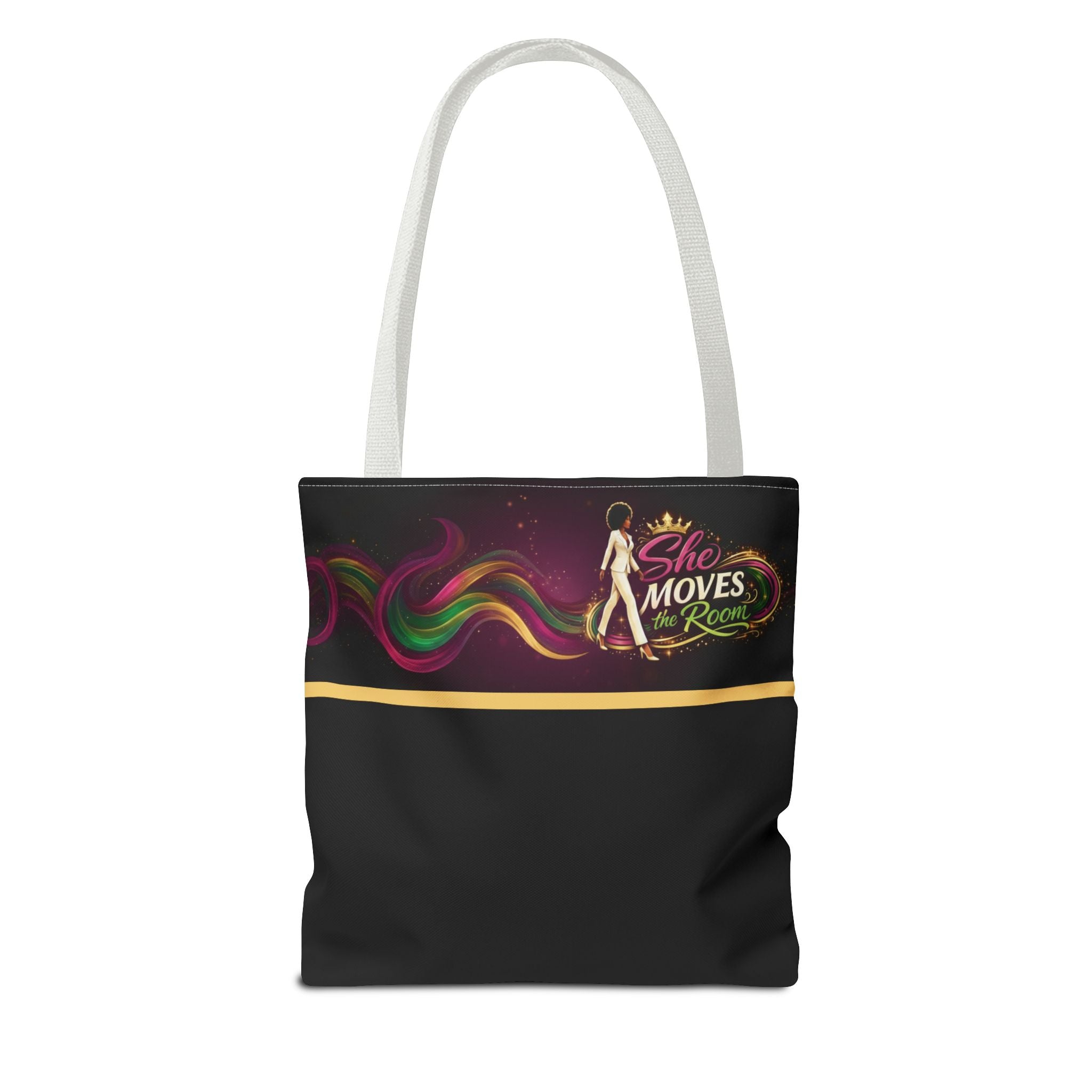 She Moves the Room Tote Bag | Afro Disco Woman Graphic Black