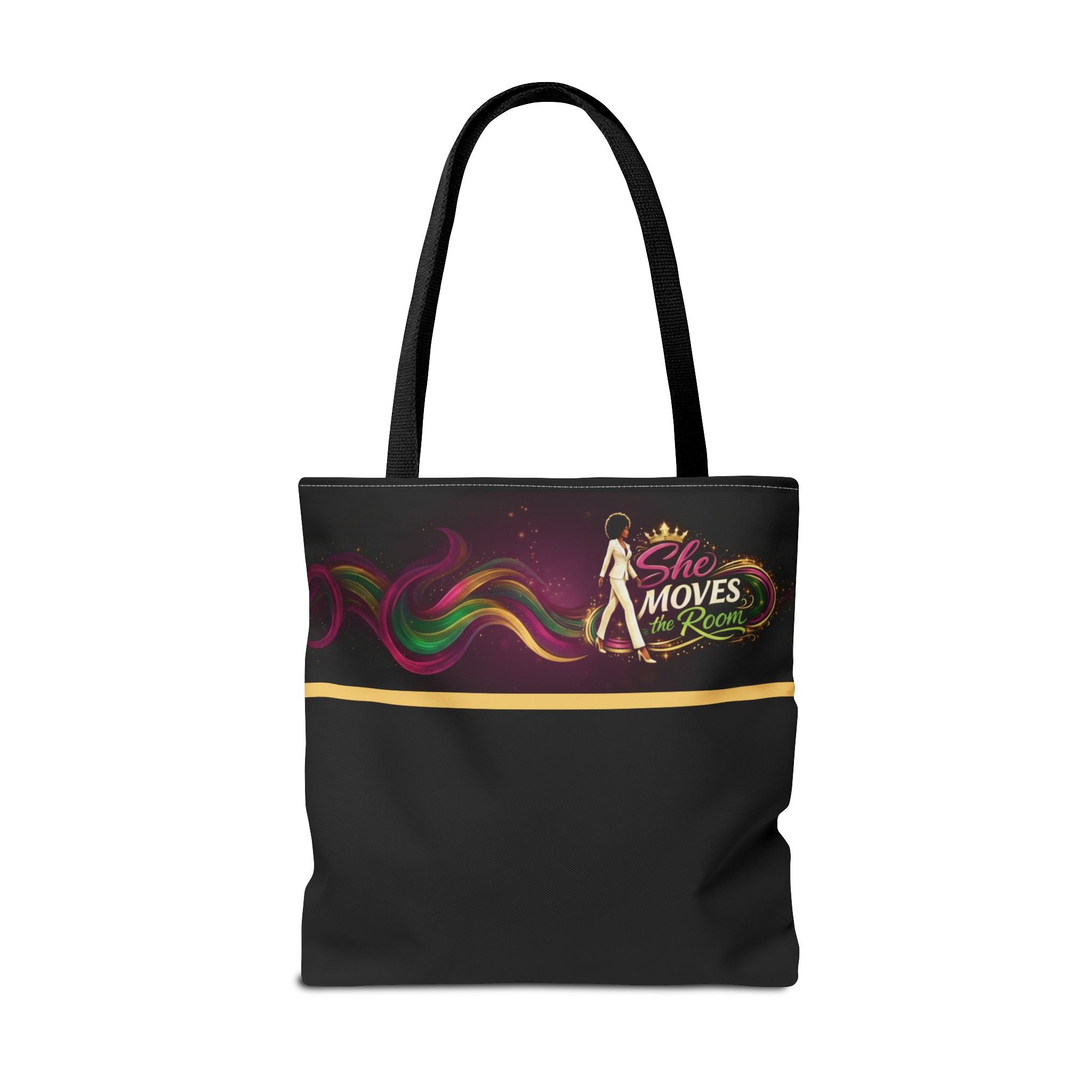 She Moves the Room Tote Bag | Afro Disco Woman Graphic Black