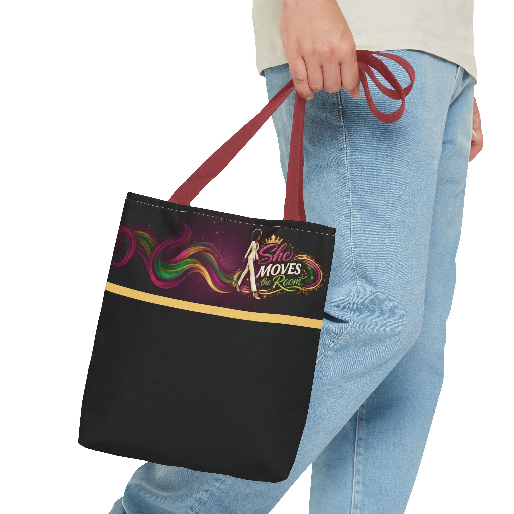 She Moves the Room Tote Bag | Afro Disco Woman Graphic Black