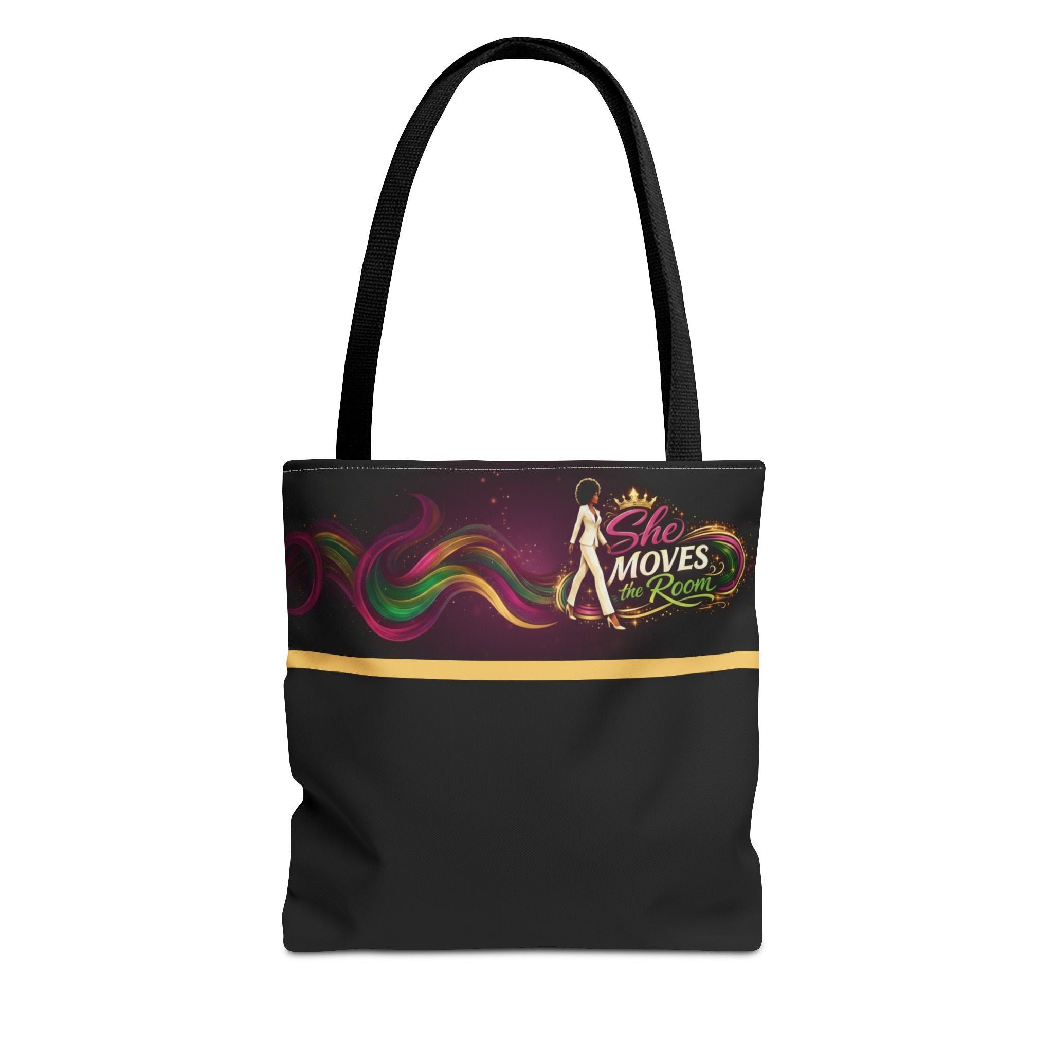 She Moves the Room Tote Bag | Afro Disco Woman Graphic Black