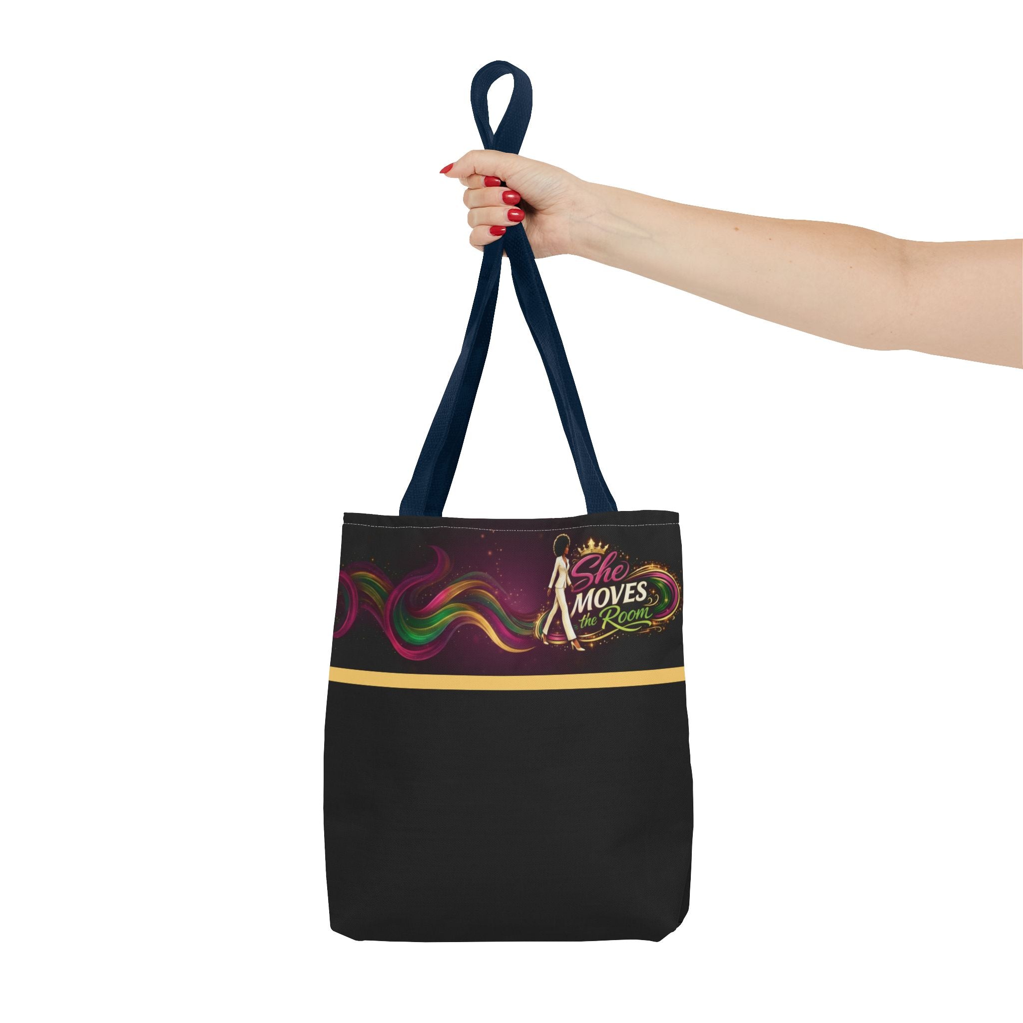 She Moves the Room Tote Bag | Afro Disco Woman Graphic Black