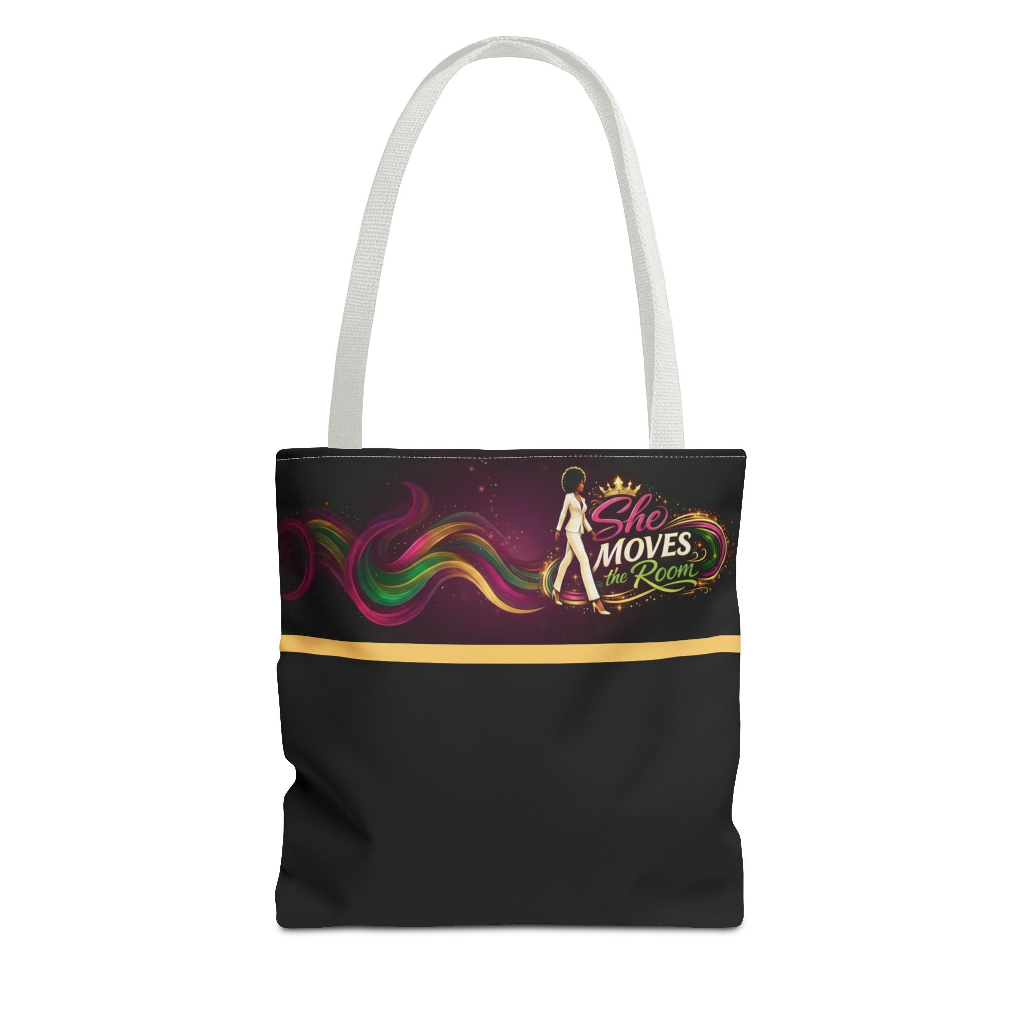 She Moves the Room Tote Bag | Afro Disco Woman Graphic Black