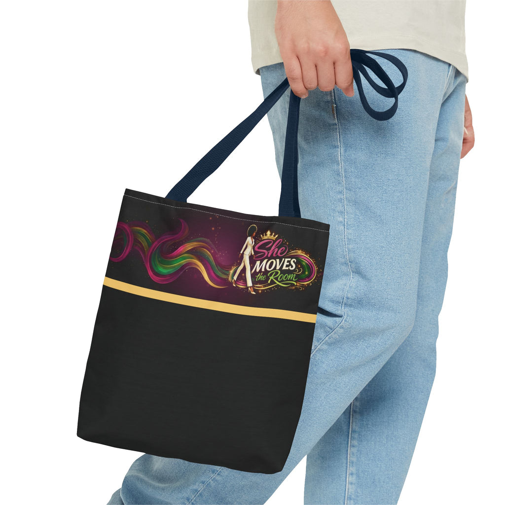 She Moves the Room Tote Bag | Afro Disco Woman Graphic Black