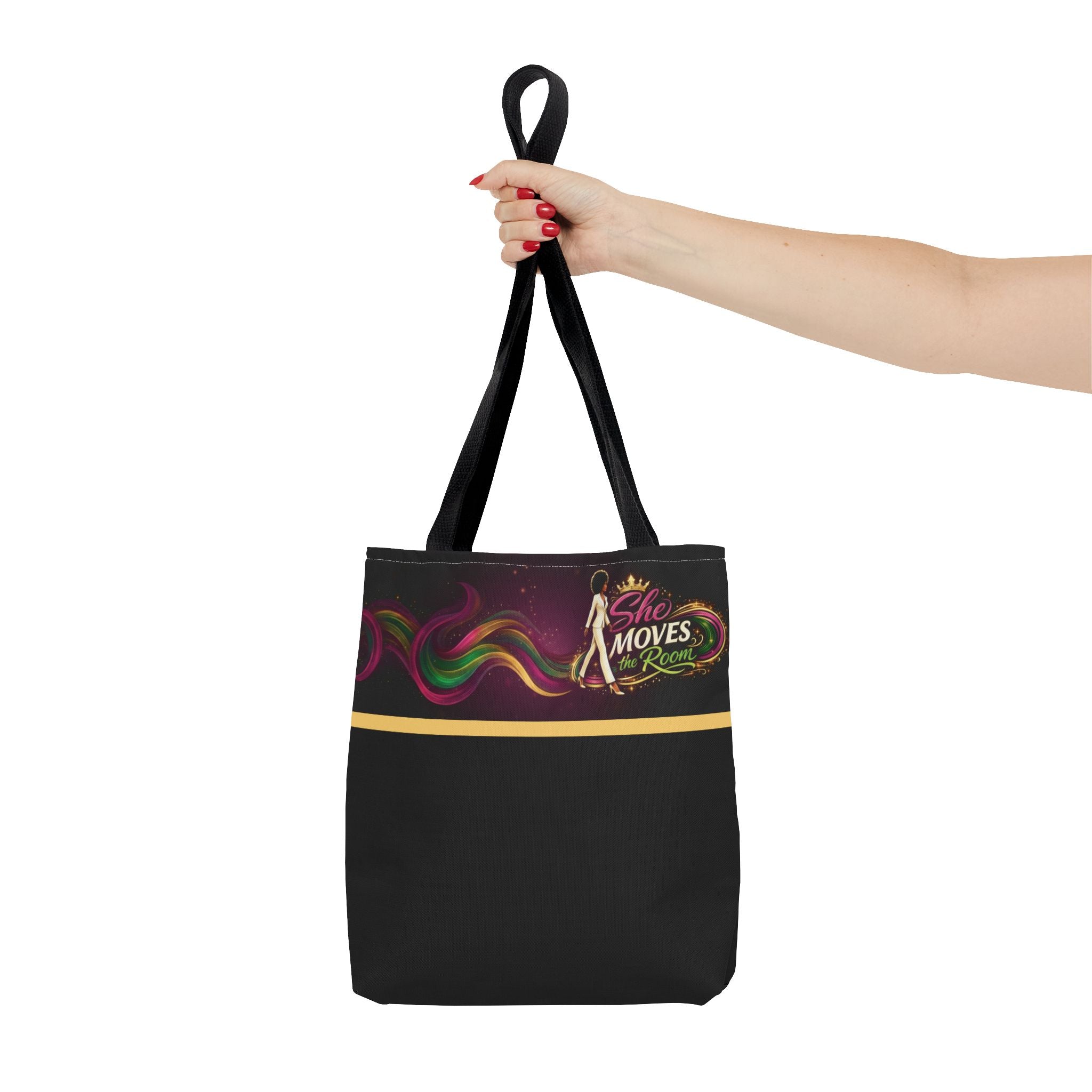 She Moves the Room Tote Bag | Afro Disco Woman Graphic Black