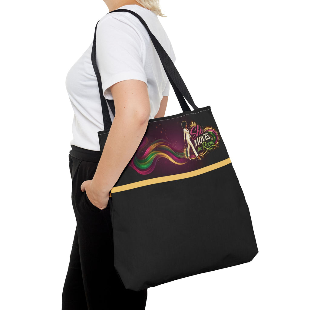 She Moves the Room Tote Bag | Afro Disco Woman Graphic Black