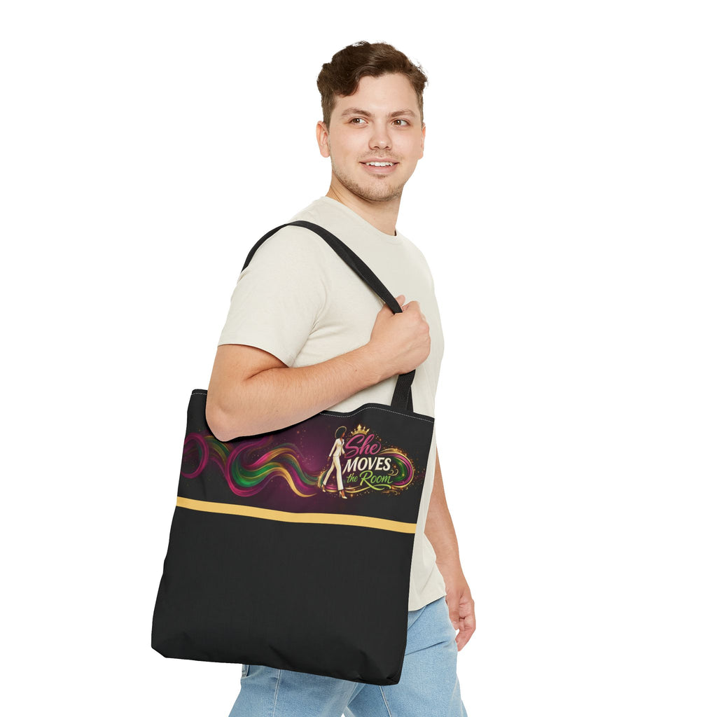 She Moves the Room Tote Bag | Afro Disco Woman Graphic Black