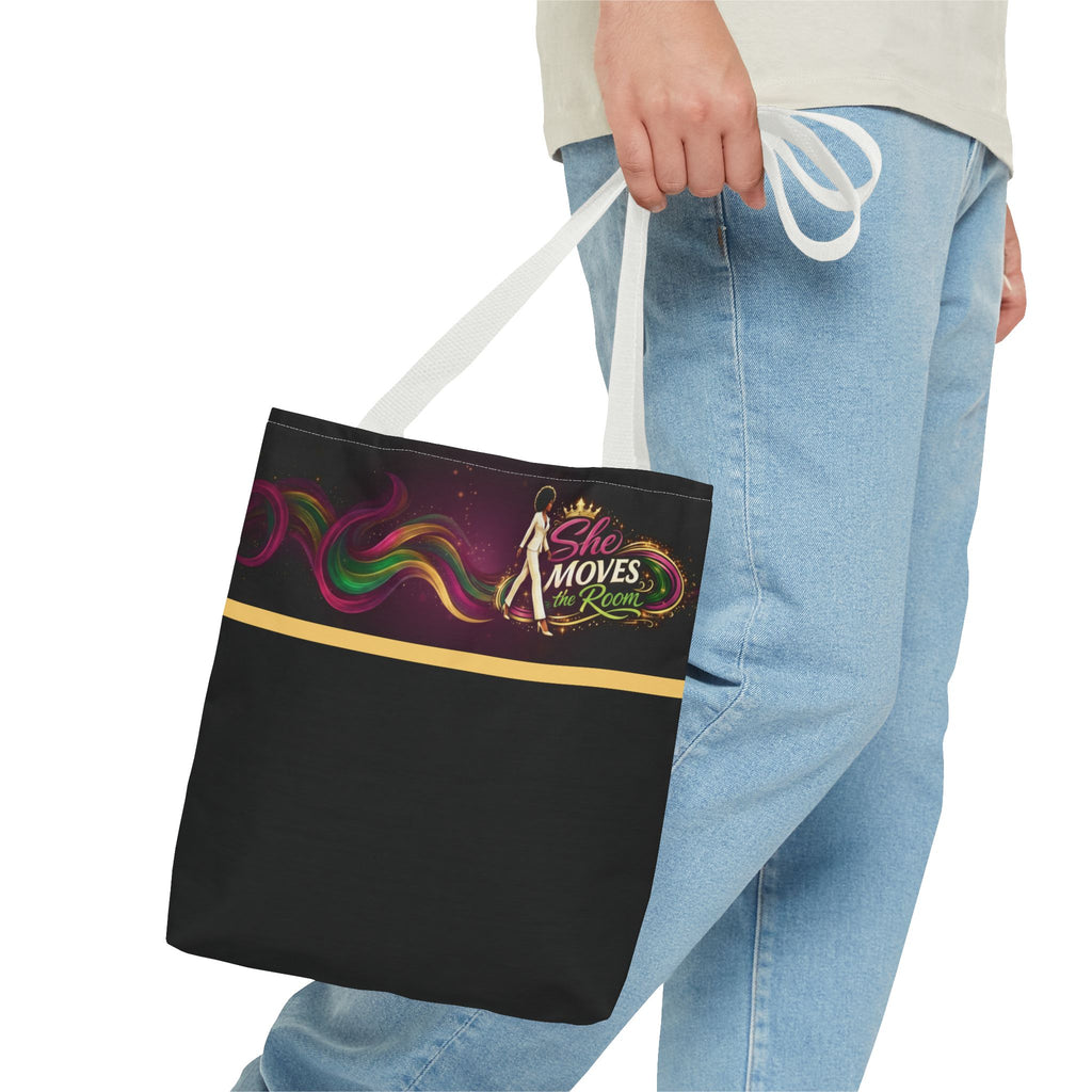She Moves the Room Tote Bag | Afro Disco Woman Graphic Black