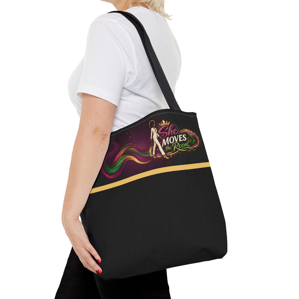 She Moves the Room Tote Bag | Afro Disco Woman Graphic Black