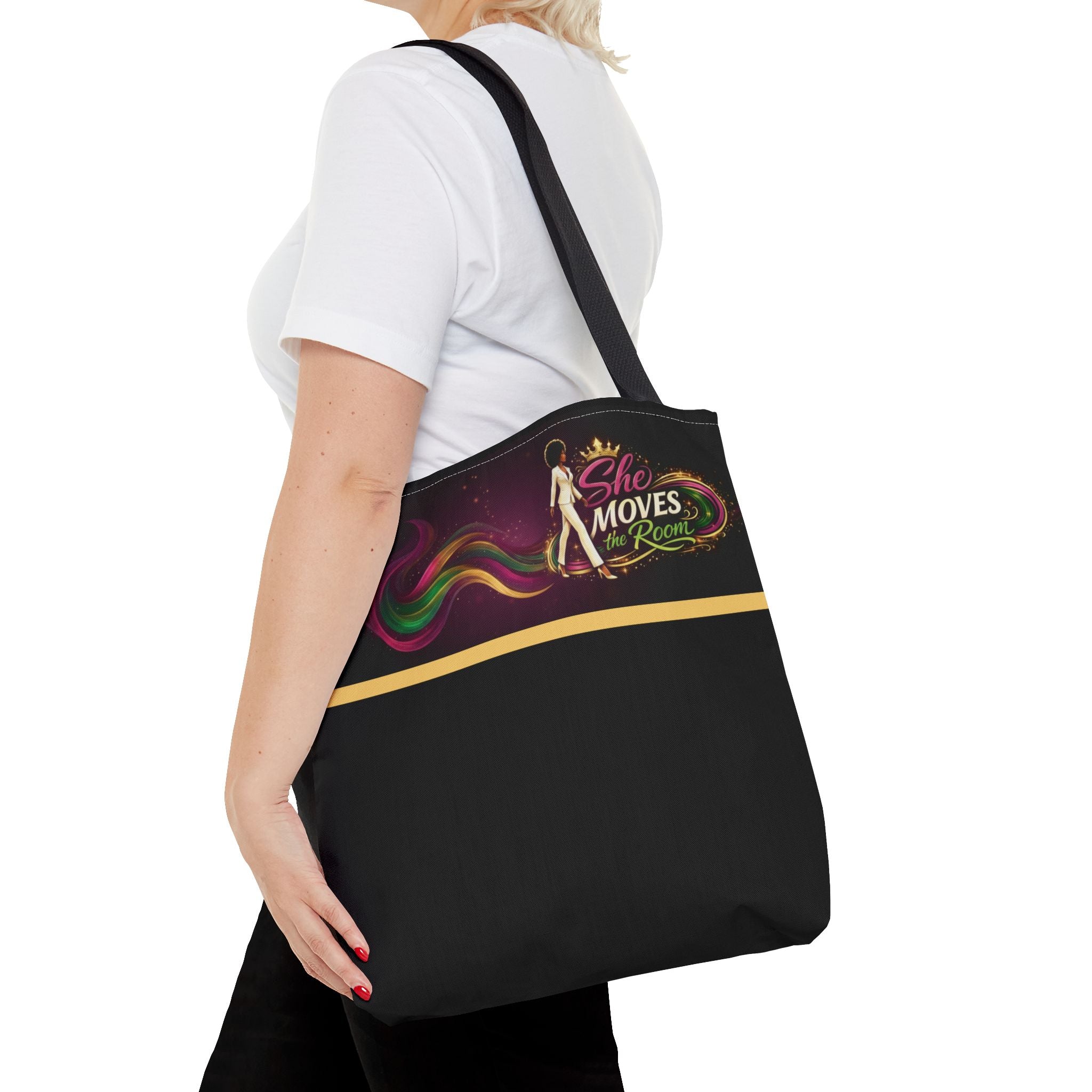 She Moves the Room Tote Bag | Afro Disco Woman Graphic Black