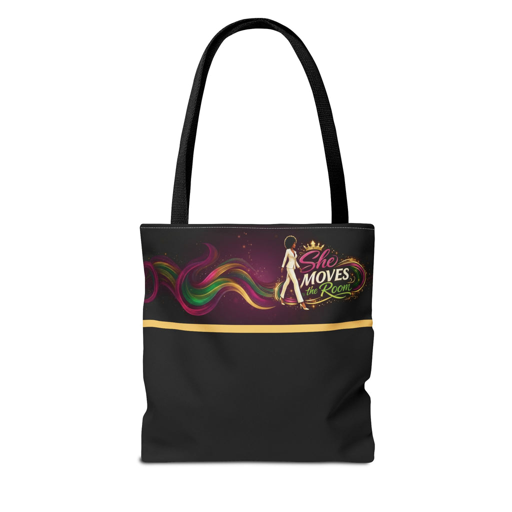 She Moves the Room Tote Bag | Afro Disco Woman Graphic Black