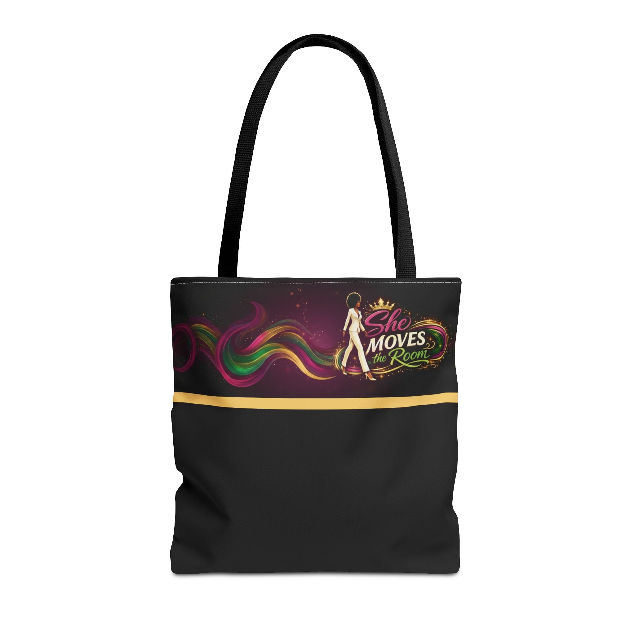 She Moves the Room Tote Bag | Afro Disco Woman Graphic Black