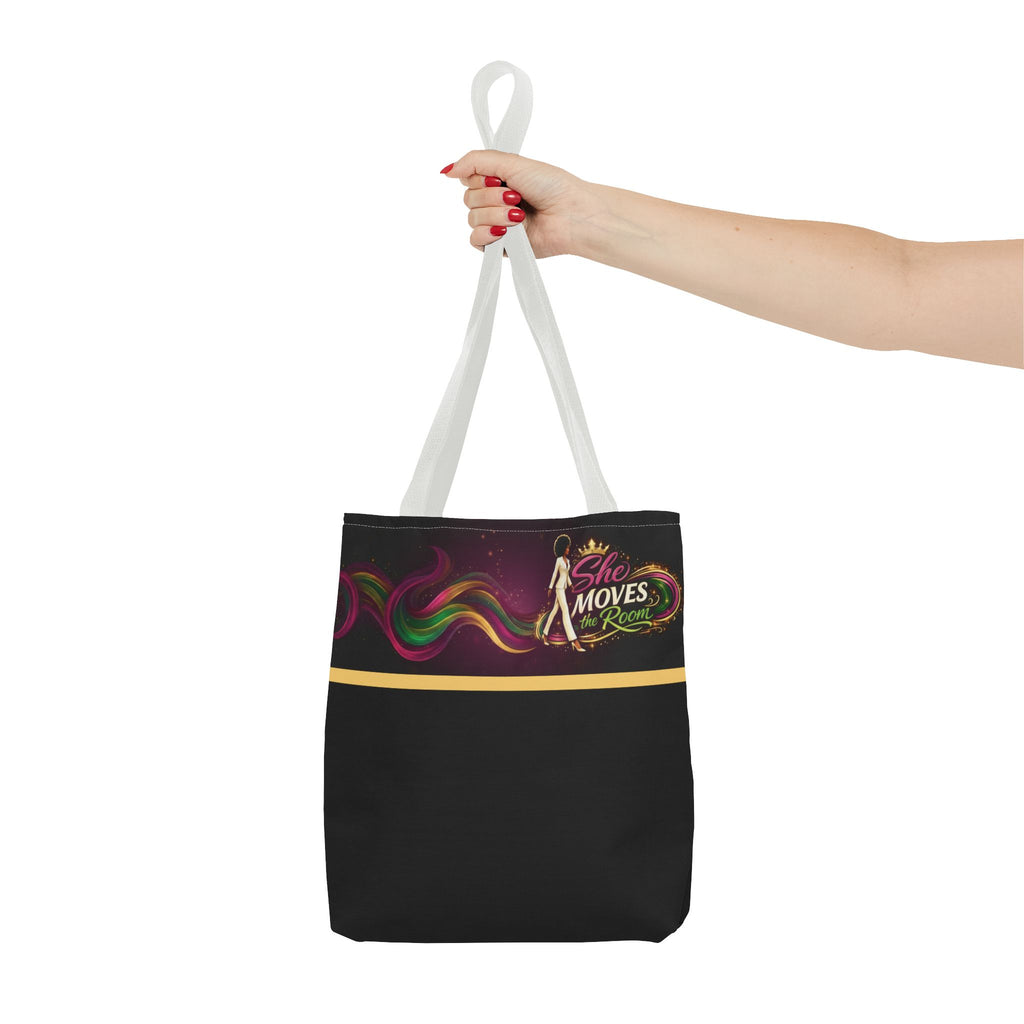 She Moves the Room Tote Bag | Afro Disco Woman Graphic Black