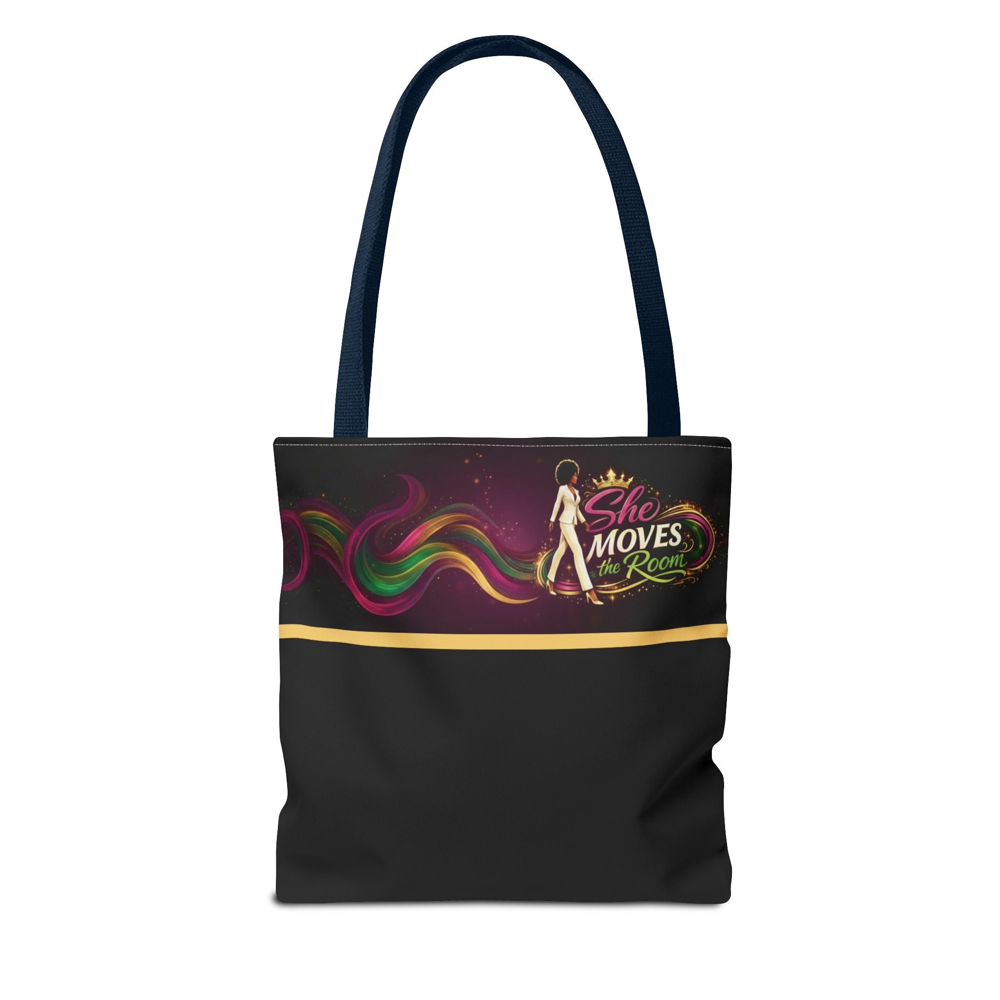 She Moves the Room Tote Bag | Afro Disco Woman Graphic Black