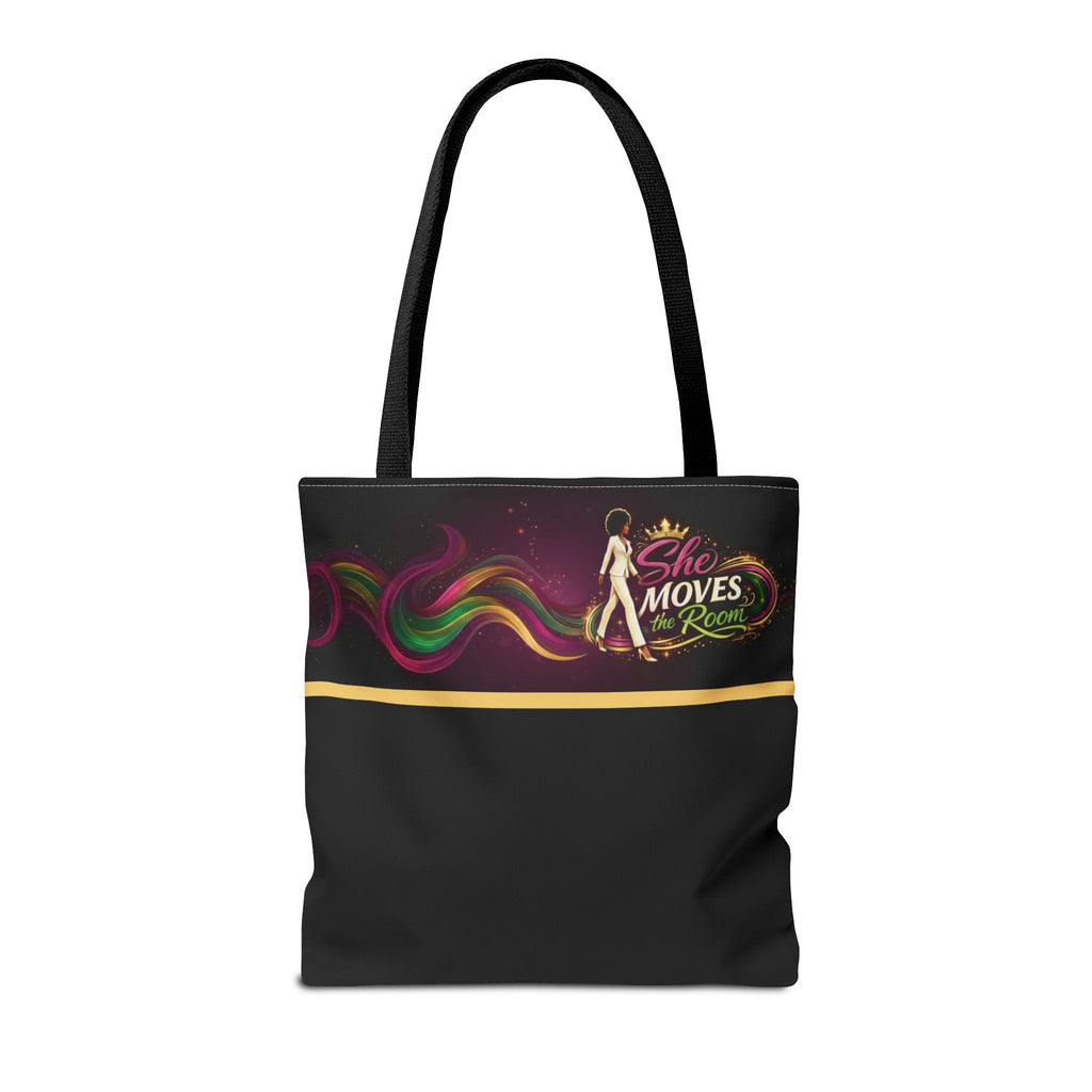 She Moves the Room Tote Bag | Afro Disco Woman Graphic Black