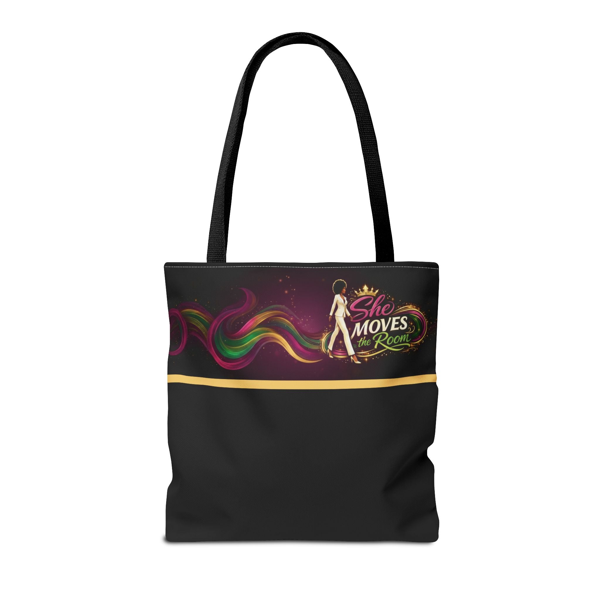 She Moves the Room Tote Bag | Afro Disco Woman Graphic Black
